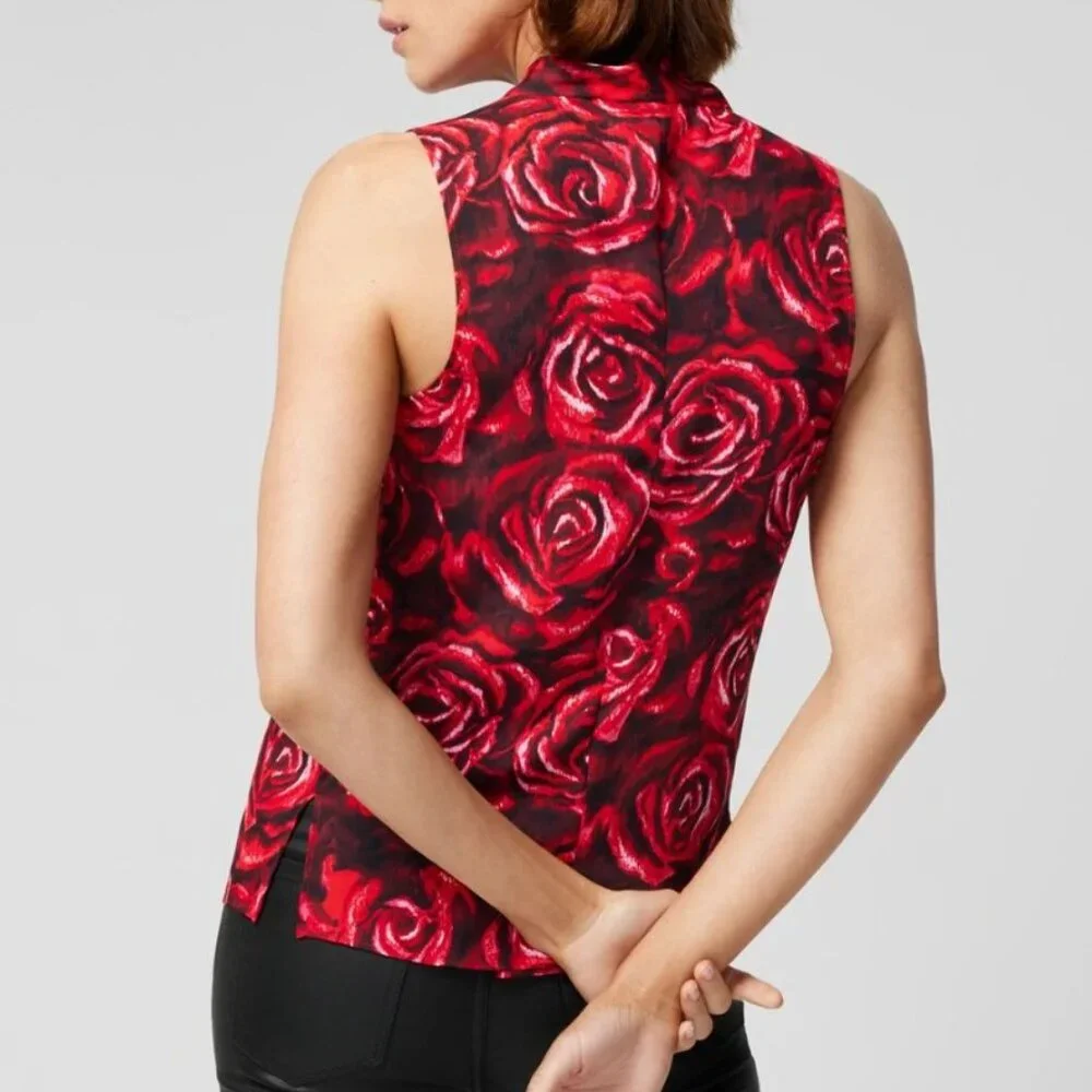 WHBM Rose-print Pleated V-neck Shell, Size XS, NWT - Picture 2 of 7